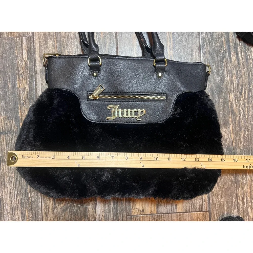 Juicy‎ Couture Black Faux Fur Satchel Handbag Gold Logo Detachable Strap Fluffy